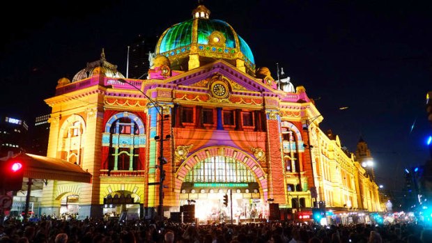 The exterior of Flinders Station is lit up during the White Night festival, 2013.