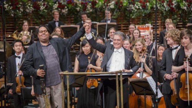 Honouring the life and work of Peter Sculthorpe: William Barton (on didgeridoo) with the Sydney Conservatorium of Music Symphony Orchestra.