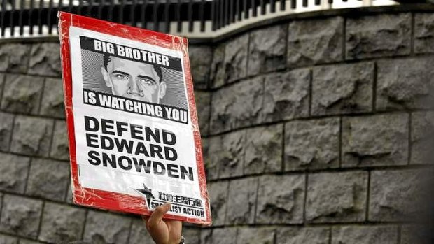 A protester supporting Edward Snowden outside the US consulate in Hong Kong.