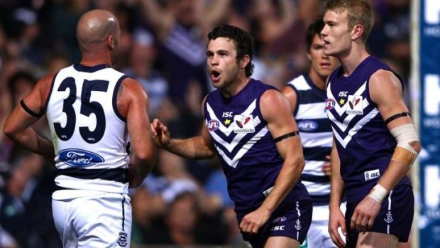 Hayden Ballantyne gives Paul Chapman some unsolicited advice when Fremantle played Geelong in round one in 2012.