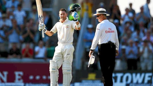 The quiet accumulator: Michael Clarke celebrates his century.