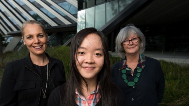 International student Mai Duong is embarking on a degree at Monash University and has just received a scholarship from Woodside. She's with Jo Middleton (left) from Woodside and Bronwyn Shields from Monash. 