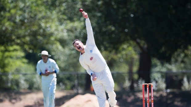 Cricket ACT Douglas Cup: ANU Vs Weston Creek Molonglo. Ben Mitchell bowling. Photo: Dion Georgopoulos