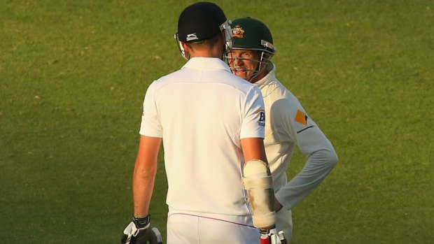 Stand-off: James Anderson and George Bailey exchange words at the Gabba. Warne, who could hear what was said over Channel Nine's stump microphone, tweeted Anderson said he wanted to punch Bailey in the face.