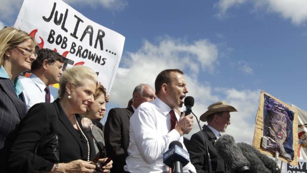 Opposition Leader Tony Abbott speaks at the No Carbon Tax rally outside Parliament House in Canberra today.
