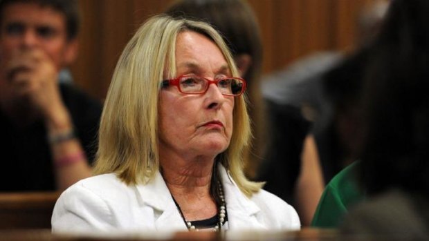 June Steenkamp, mother of Reeva Steenkamp, listens to the text messages given in evidence by mobile phone analyst  Francois Moller.