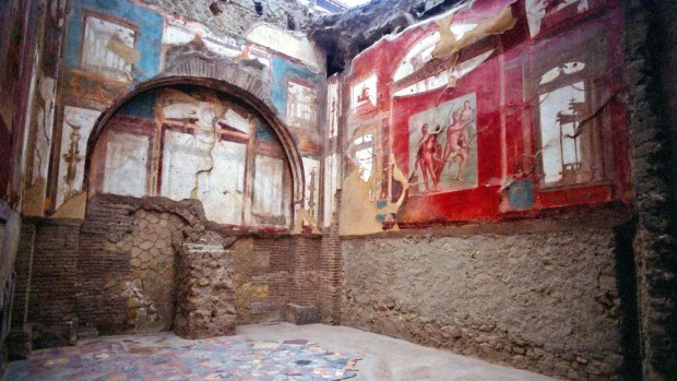 Painted murals inside a room at the ancient Roman ruins at Herculaneum.