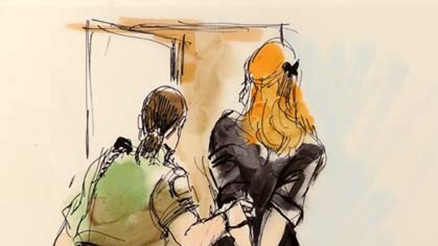 A sketch of Lohan being led away in handcuffs.