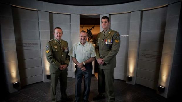 Shoulder to shoulder ... Corporal Mark Donaldson, VC, Keith Payne, VC, OAM, and Corporal Ben Roberts-Smith, VC, at the Australian War Memorial in Canberra.