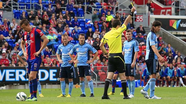 An A-League game between Newcastle Jets and Sydney FC in progress at Hunter Stadium in February.