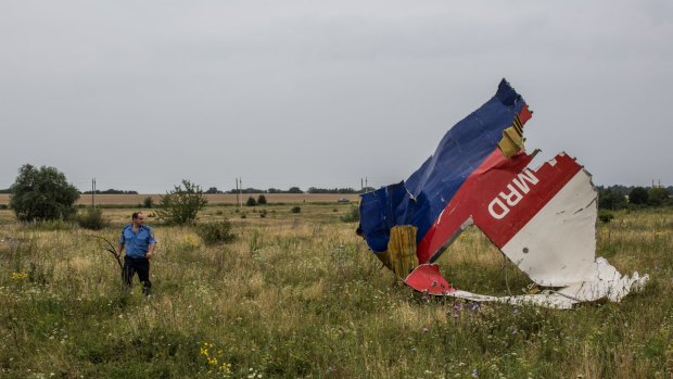 A Ukrainian police officer searches the crash site of flight MH17.