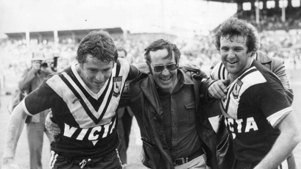 Happier times for the Magpies ... Wests coach Roy Masters and his players celebrate a semi-final win in 1980.