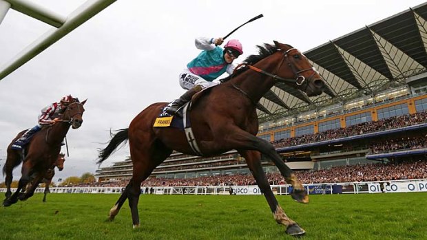 Tom Quealy on Frankel races ahead of Olivier Peslier on Cirrus des Aigles to win The Champion Stakes during the British Champions Day at Ascot on October 20.