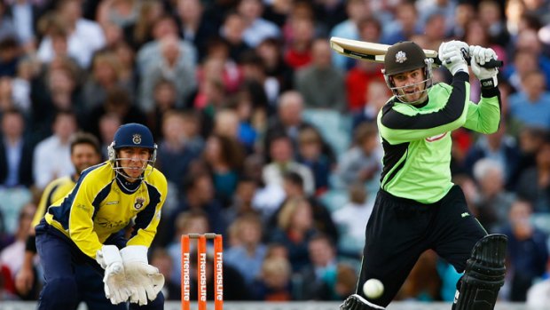 Tom Maynard hits out for Surrey during a match against Hampshire last year.