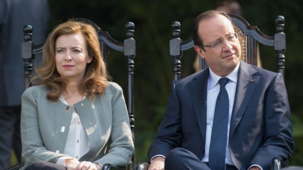 France's President Francois Hollande and his then partner Valerie Trierweiler in New Delhi last year.
