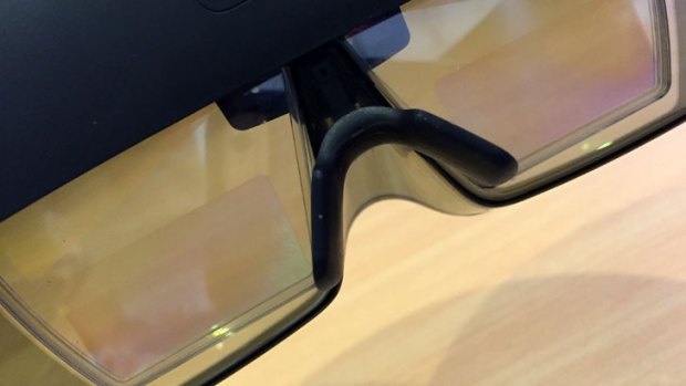 A close-up of the Hololens lenses reveals the small area through which you can see augmented content.
