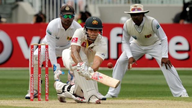 Sweeping all before him, Mitchell Johnson on his way to an unbeaten 73 on Thursday.