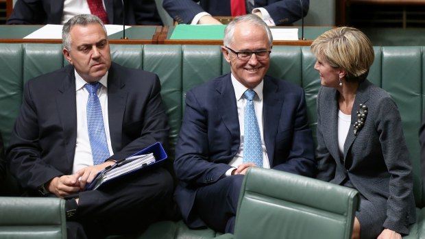 Former treasurer, Joe Hockey, Prime Minister Malcolm Turnbull and Foreign Affairs Minister Julie Bishop in Parliament House in Canberra.