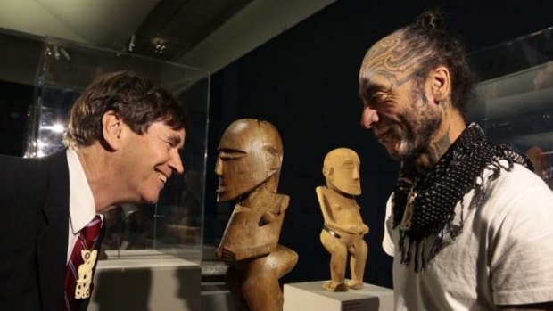 Sacred gods from Polynesia exhibition curator Michael Gunn with Maori Artist George Nuku at the National Gallery of Australia. 