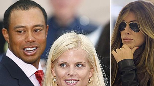 Praising his wife ... Tiger Woods, pictured left with Elin Nordegren. Right, Rachel Uchitel, the woman Woods is alleged to have met up with in Australia.