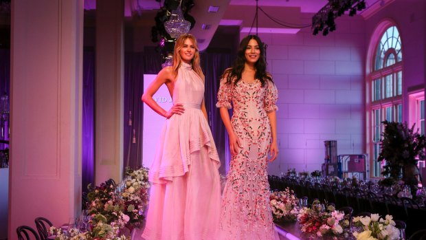 Tickled pink ... David Jones ambassadors Jesinta Franklin (left) and Jessica Gomes in the finale at rehearsals on Wednesday.