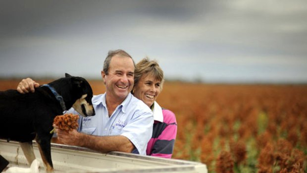 Rain   heralds a good autumn after three kind summers ... Andrew  and Cynthia Pursehouse, from Breeza Station, with their bumper  sorghum crop.