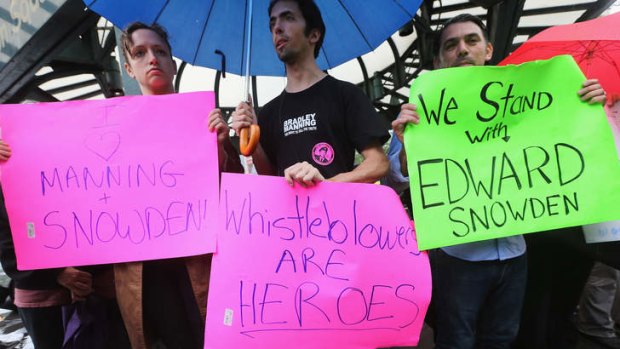 Rally cry: Supporters of NSA leaker Edward Snowden at a rally in Manhattan's Union Square on Monday.