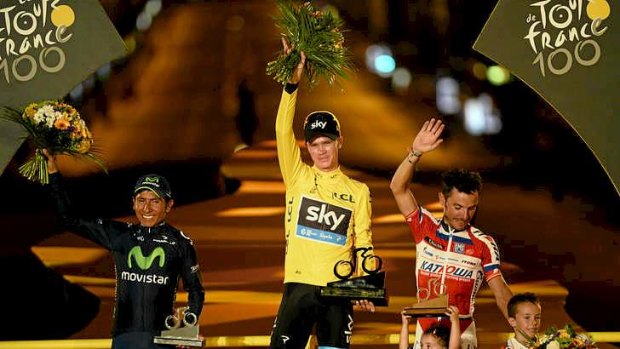 The podium finishers: Race winner Chris Froome of Britain, Nairo Quintana of Colombia (L) and Joachim Rodriguez (R) of Spain.