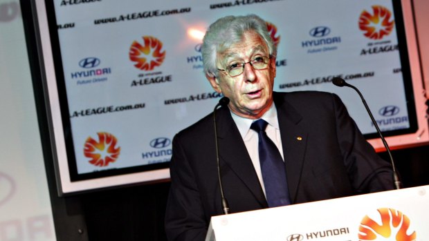 New era: Frank Lowy at the launch of the A-League on  November 1, 2004. 