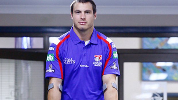 Off-season blow . . . Injured winger James McManus at the Newcastle Knights headquarters yesterday.