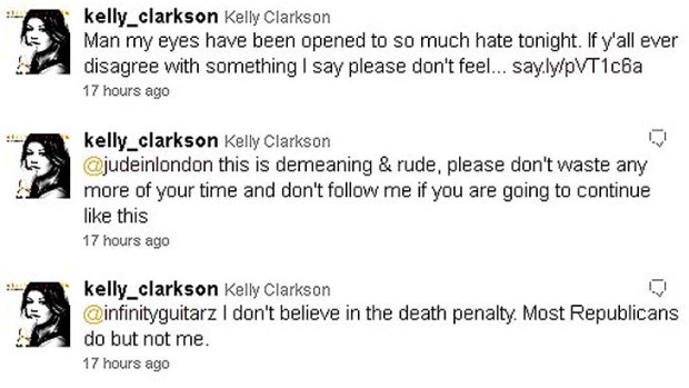 Twitter storm ... some of the tweets which Kelly Clarkson sent.