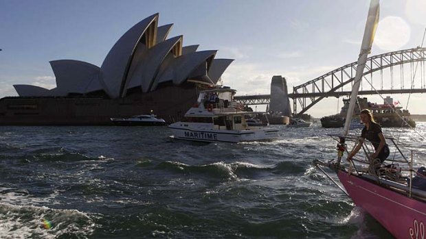 Nearly there: Jessica Watson sails the Pink Lady through the Sydney Heads on May 15, 2010.