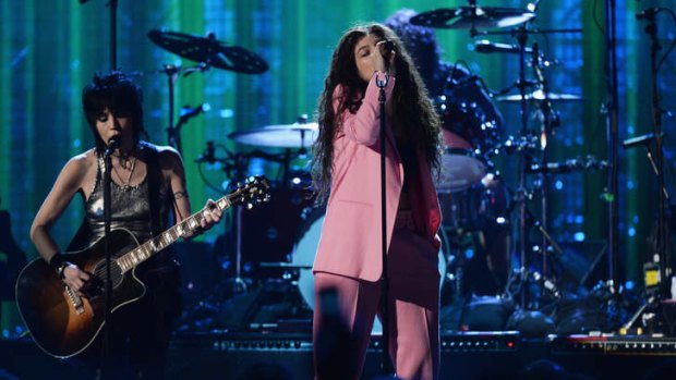 Musicians Joan Jett (L) and Lorde perform Nirvana songs at the 29th Annual Rock And Roll Hall Of Fame Induction Ceremony.