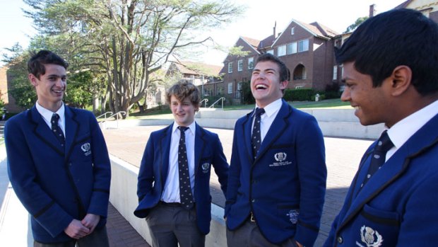 Students at Knox Grammar after their second HSC English exam. From right, Sanjeev Casinader, Nick Meyer, Harry Rogers and James Harrisson.