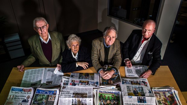 Evelyn Bean (second from left) in The Canberra Times office in 2015 for a photograph with other prominent names in the letters pages (l-r) R..S Gilbert , Bill Deane and Gary J. Wilson.