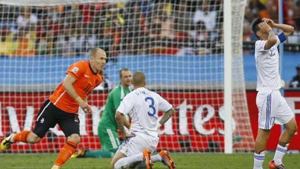 Netherlands' striker Arjen Robben after scoring the opening goal of the second round game against Slovakia.