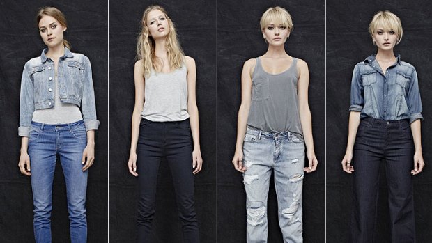 Legging it ... women shopping for jeans can give Denim Co their specifications before trying on styles including (from left) skinny; high skinny; boyfriend and flared.