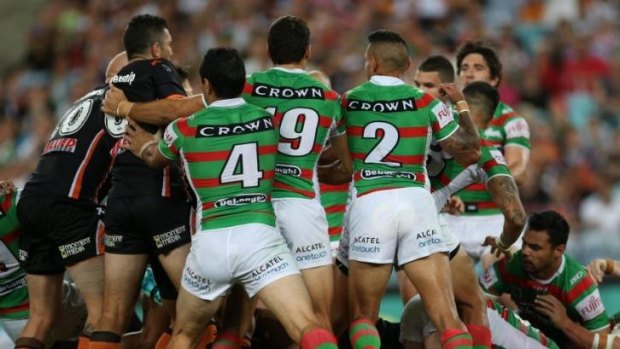 Fight night: The fiery clash between Souths and Wests Tigers on Friday.