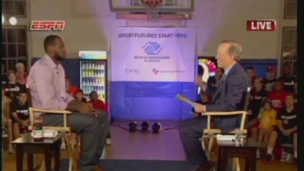 In this image from video, LeBron James speaks with Jim Gray at the start of an interview on ESPN on where he announced his plan to play for the Heat.