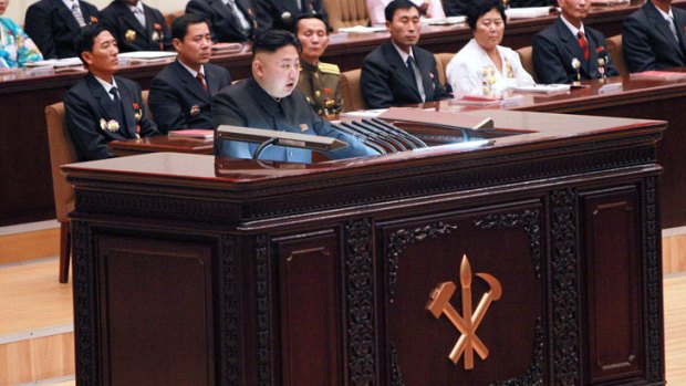 North Korean leader Kim Jong Un addressing the Fourth Conference of Cell Secretaries of the Workers' Party of Korea in Pyongyang.