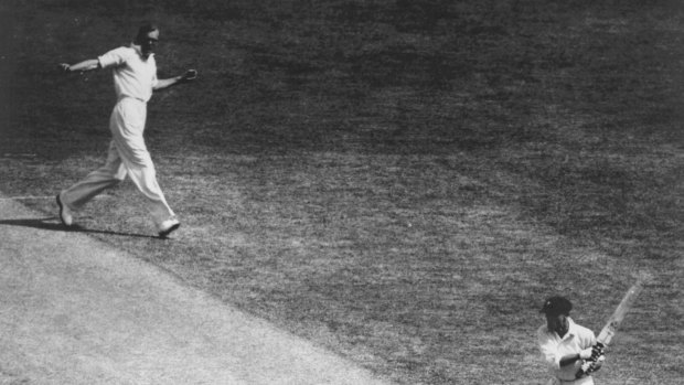 Don Bradman is bowled first ball by Bill Bowes during the second Test. 