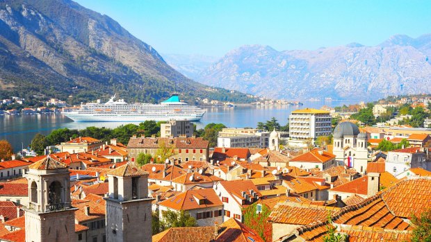 A cruise ship in the bay near the Old Town of Kotor in Montenegro.