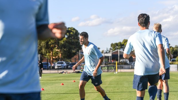 Back in action: A-League hopeful Hakeem al-Araibi is put through his paces at Pascoe Vale training.