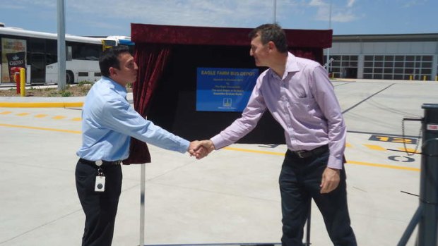 Brisbane City Cr Peter Matic and Lord Mayor Graham Quirk at the opening of the new bus depot at Eagle Farm on Sunday.