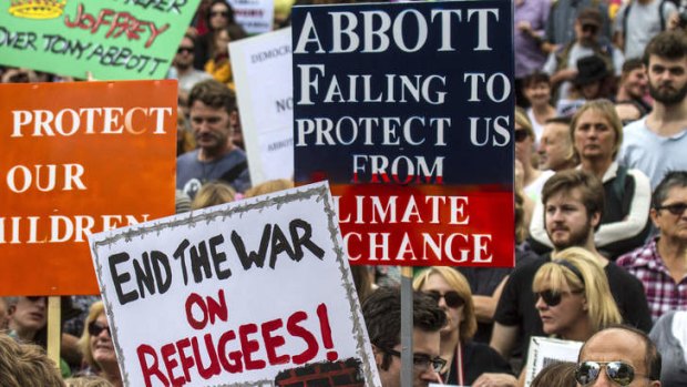 Voters taking part in an anti-federal government rally in Melbourne on Sunday.