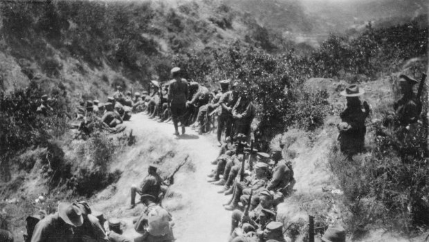 Australian troops resting in one of the gullies leading up to the line at Anzac.