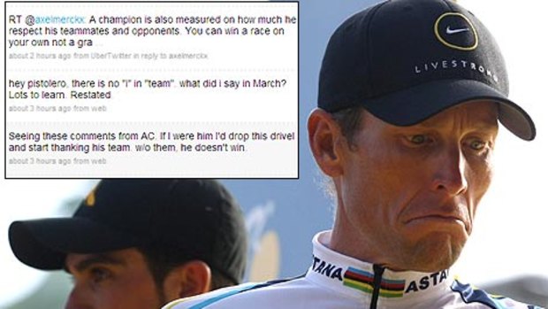 Biting back ... Lance Armstrong, right, has returned fire to Alberto Contador via Twitter.