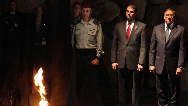 US Defence Secretary Leon Panetta, on right, US ambassador to Israel Dan Shapiro and Israel's military attache in Washington, Major General Gadi Shamni, attend a memorial ceremony at the Hall of Remembrance of the Yad Vashem Holocaust memorial museum in Jerusalem.