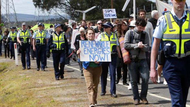 Some of the 250 police and estimated 200-300 green protesters at the Hazelwood power station near Morwell yesterday.