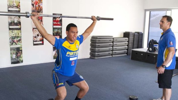 Lifting his game &#8230; William Hopoate is tested by Parramatta's conditioning coach Ciriaco Mescia during the week.